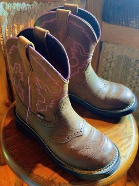 Justin Boots Brown Kids Western Pull-On Boots with Pink Stitching
